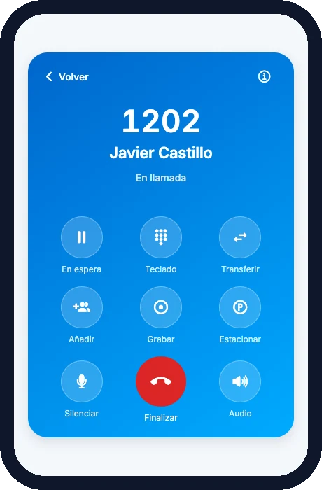 App del softphone en una llamada con Javier Castillo, extensión 1202, con botones para poner en espera, transferir, grabar y estacionar
